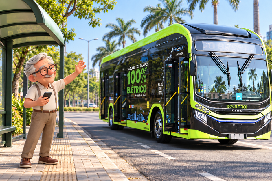 Seu José segura celular nas mãos enquanto um ônibus 100% elétrico de São José passa